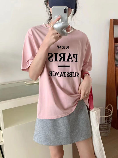 【tops】パール付きロゴTシャツ　N2438