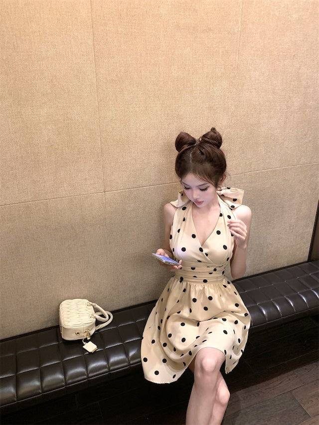 【Dress】バックリボンドット柄ワンピース　M23011